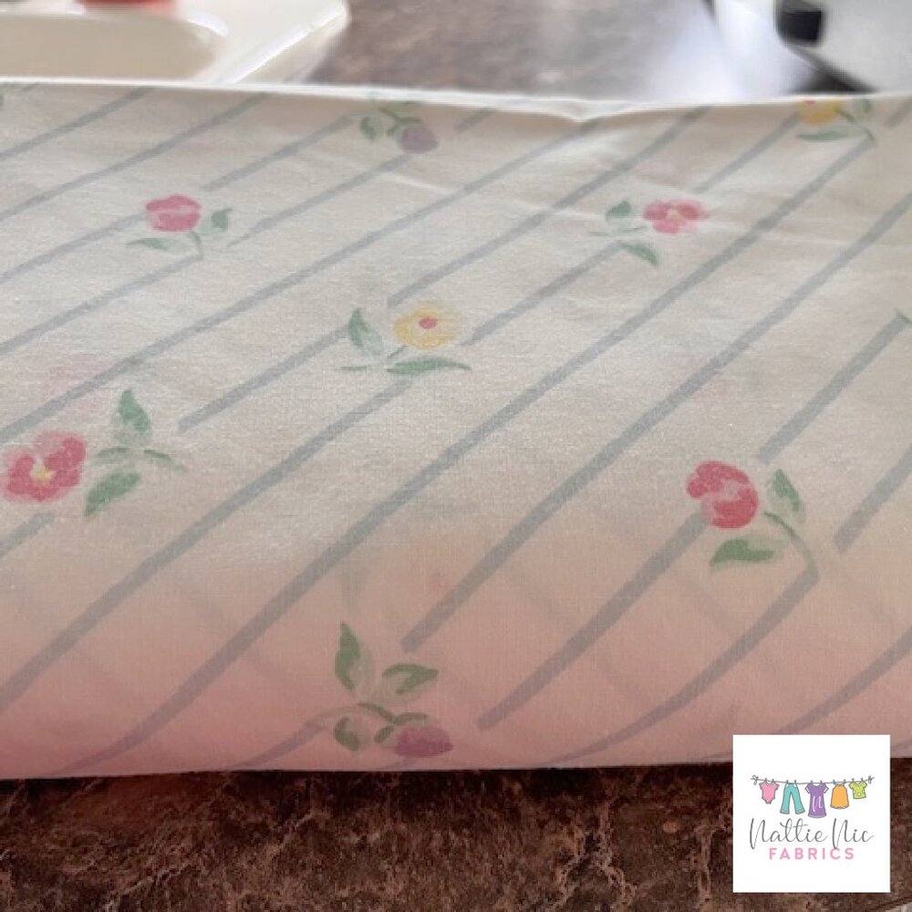 Vintage Queen Size Flat sheet in beautiful diagonal stripe rose floral, JC Penne